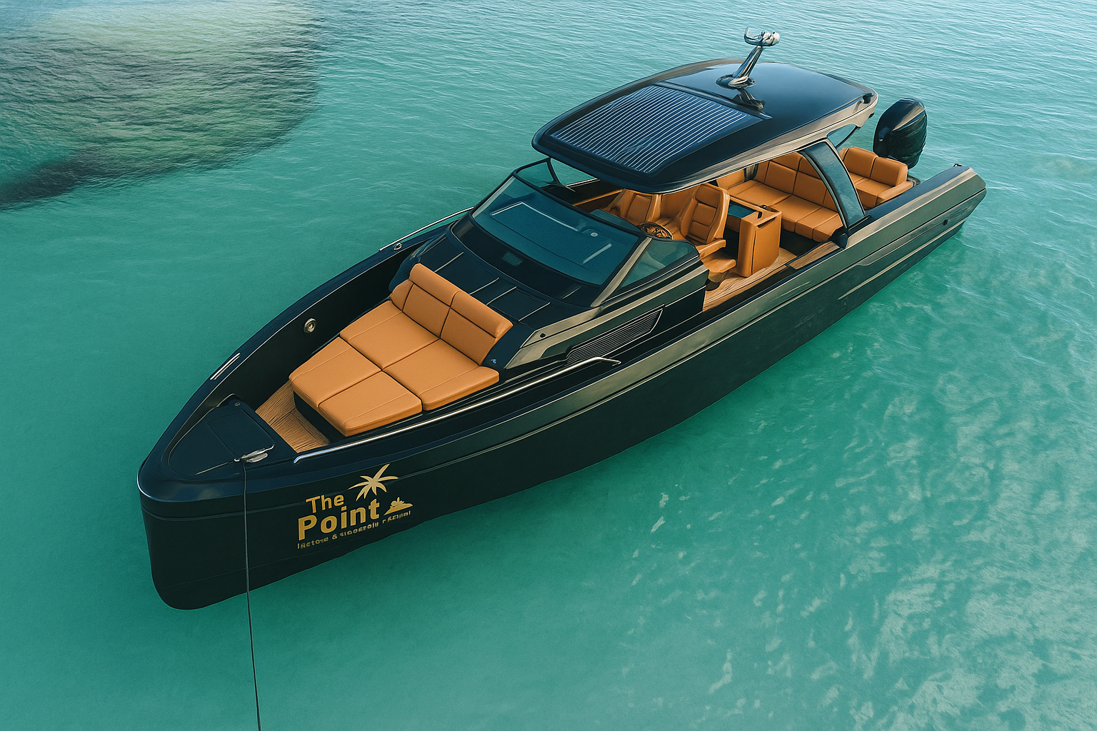 luxury boat anchored in turquoise waters with tan leather seats in Marbella
